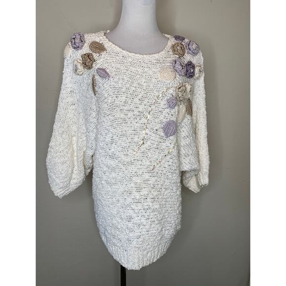 Vintage Sweaters - Vintage Cream 3D Floral Knit Pastels 90s Sz Medium